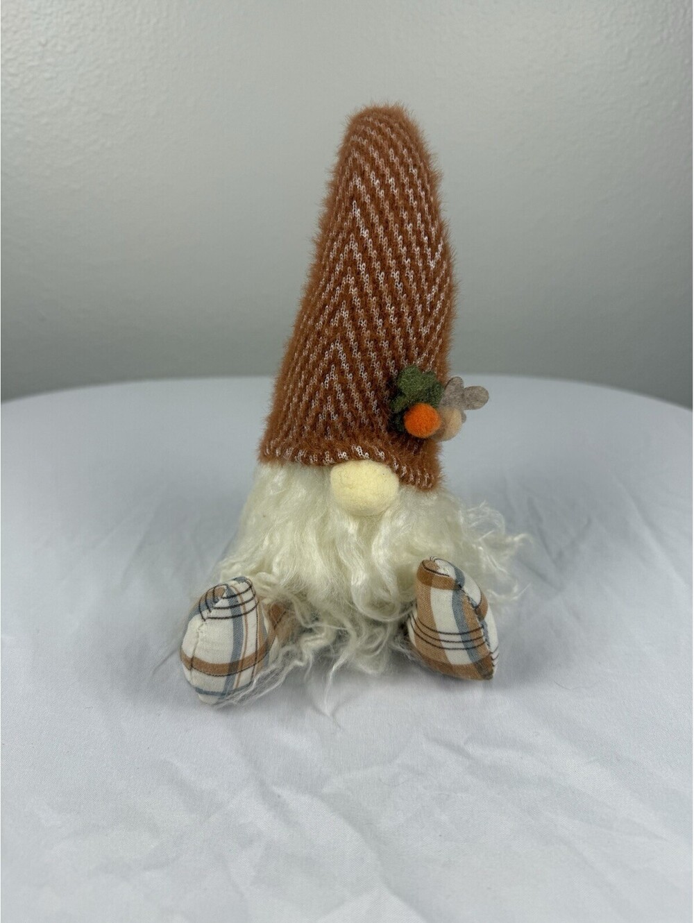Fall Harvest Gnome Plush Shelf Sitter Orange Knit Hat Acorn Decor 7.5in